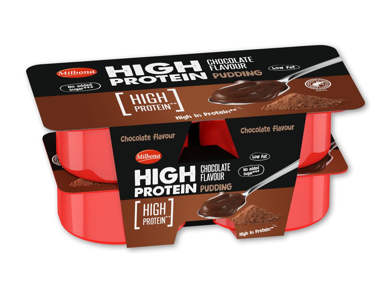 Milbona højprotein chokoladepudding med lavt fedtindhold og uden tilsat sukker.