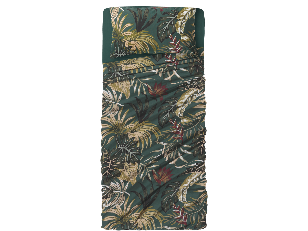 Biancheria da letto tropicale verde scuro con grandi foglie.