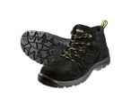 Pair of black work boots with yellow and black laces, one boot showing the sole.