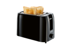Black toaster with two slices of golden-brown toast