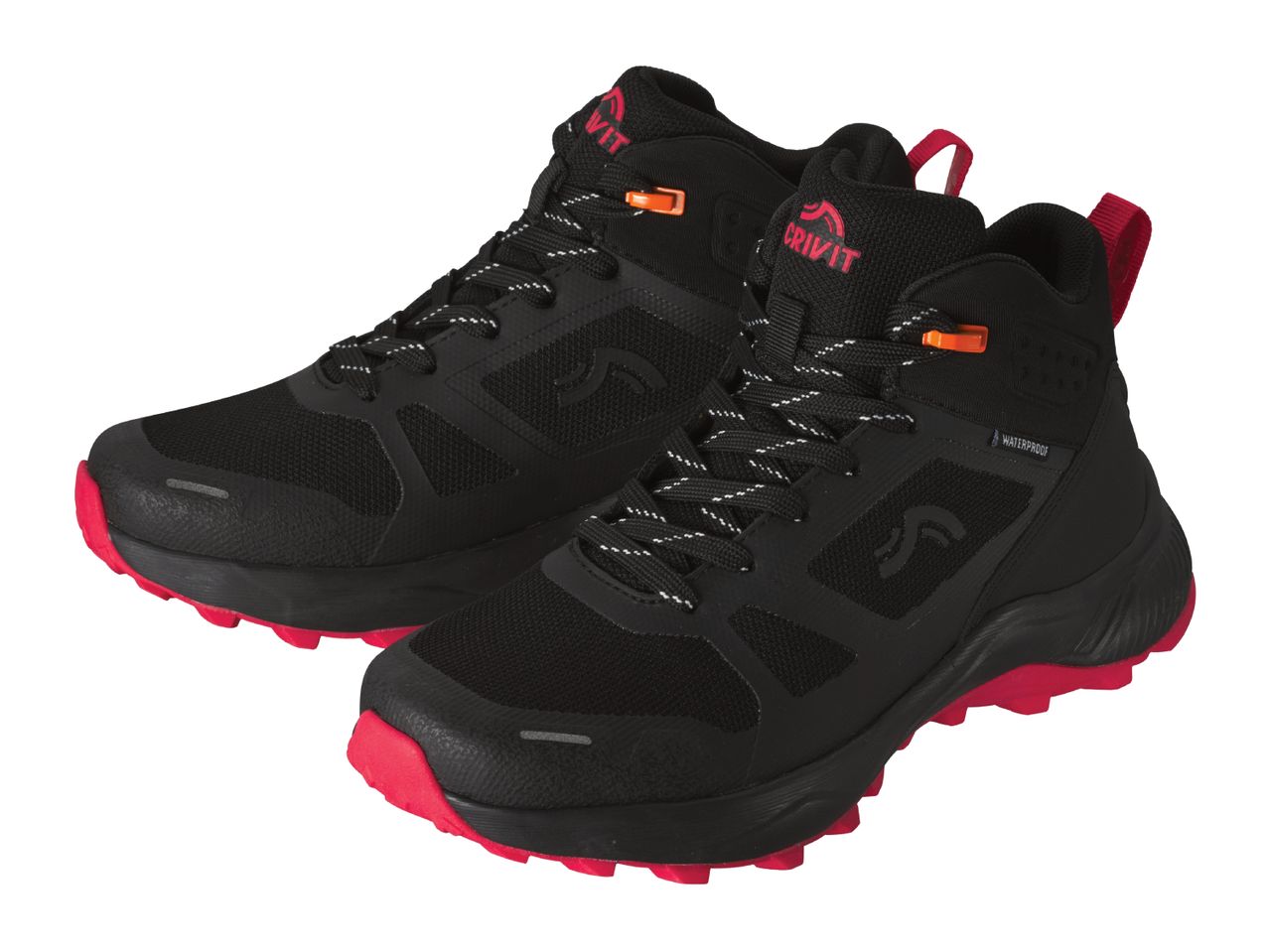 A pair of black Crivit waterproof hiking boots with red accents.