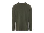 Back view of a men's long-sleeved olive green t-shirt.