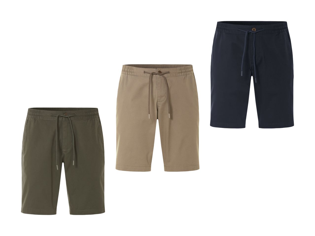 Drei Herren-Shorts in verschiedenen Farben: Khaki, Beige und Marineblau.