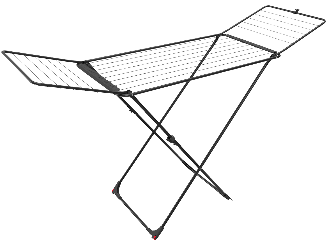 Black clothes drying rack with red accents, angled view.