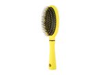 A yellow paddle hairbrush with black bristles stands upright against a white background.