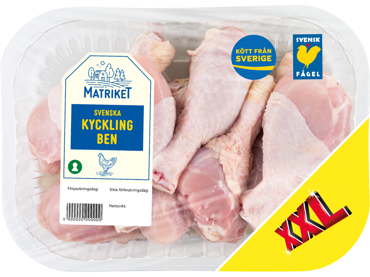 Förpackning med kycklingben, märkt med 'Kött från Sverige' och 'Svensk Fågel'.