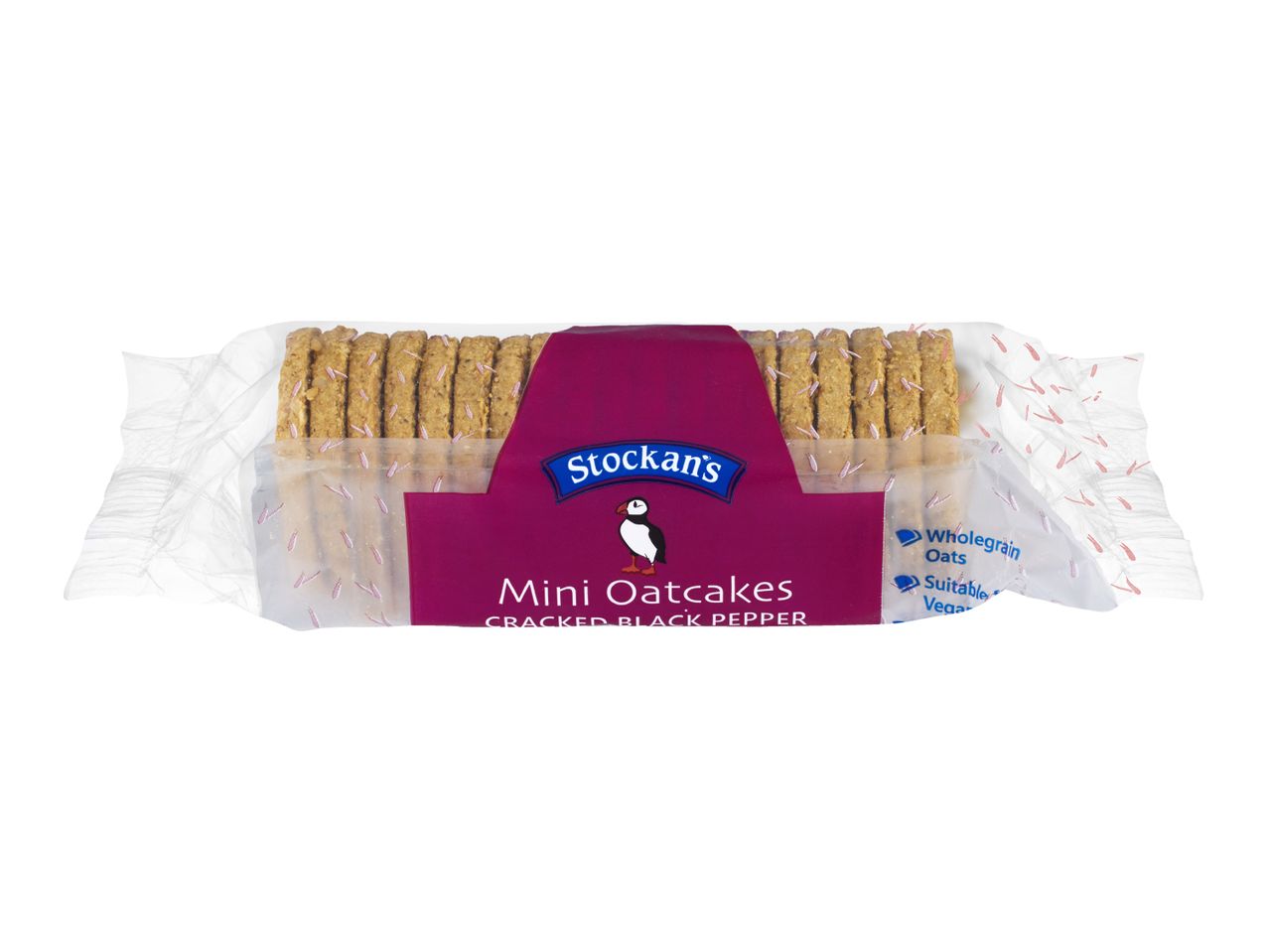 Pack of mini oatcakes with cracked black pepper, suitable for vegans.