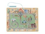 Wooden magnetic maze board with a city road map, vehicles, and buildings.