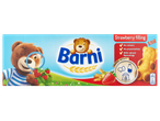 Barni sausainių pakuotė su braškių įdaru, vaizduojanti meškiuką ir ingredientus.