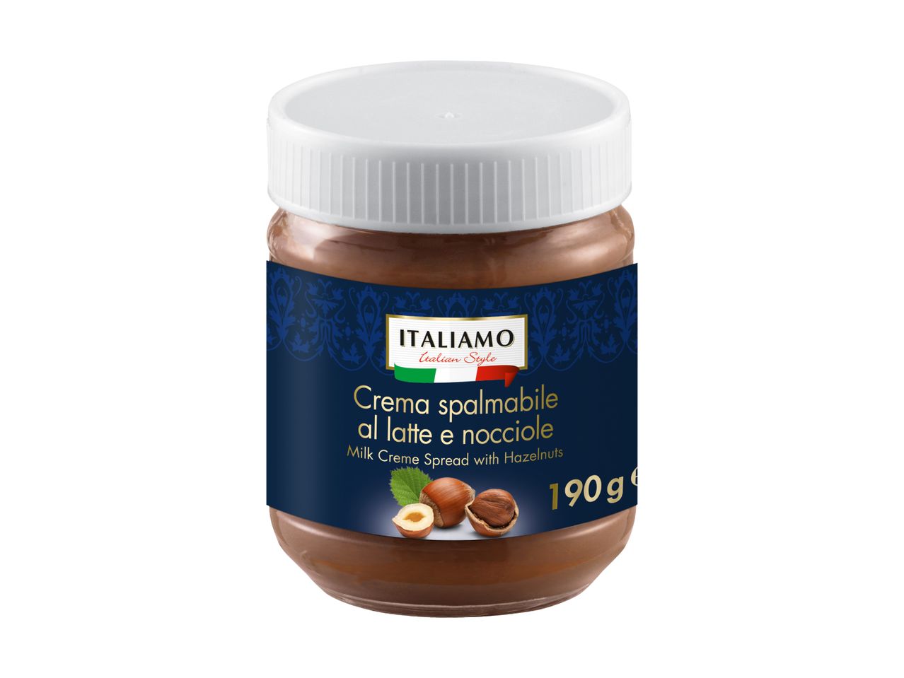 A jar of Italiamo Milk Creme Spread with Hazelnuts, 190g.