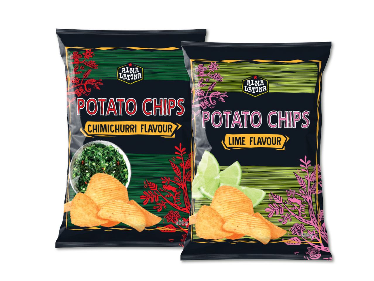 Kaks Alma Latina kartulikrõpsupakki: üks chimichurri ja teine laimi maitsega.