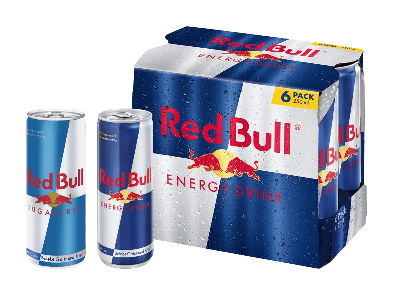 Red Bull Energy Drink und Sugarfree Dosen mit einem 6er-Pack.