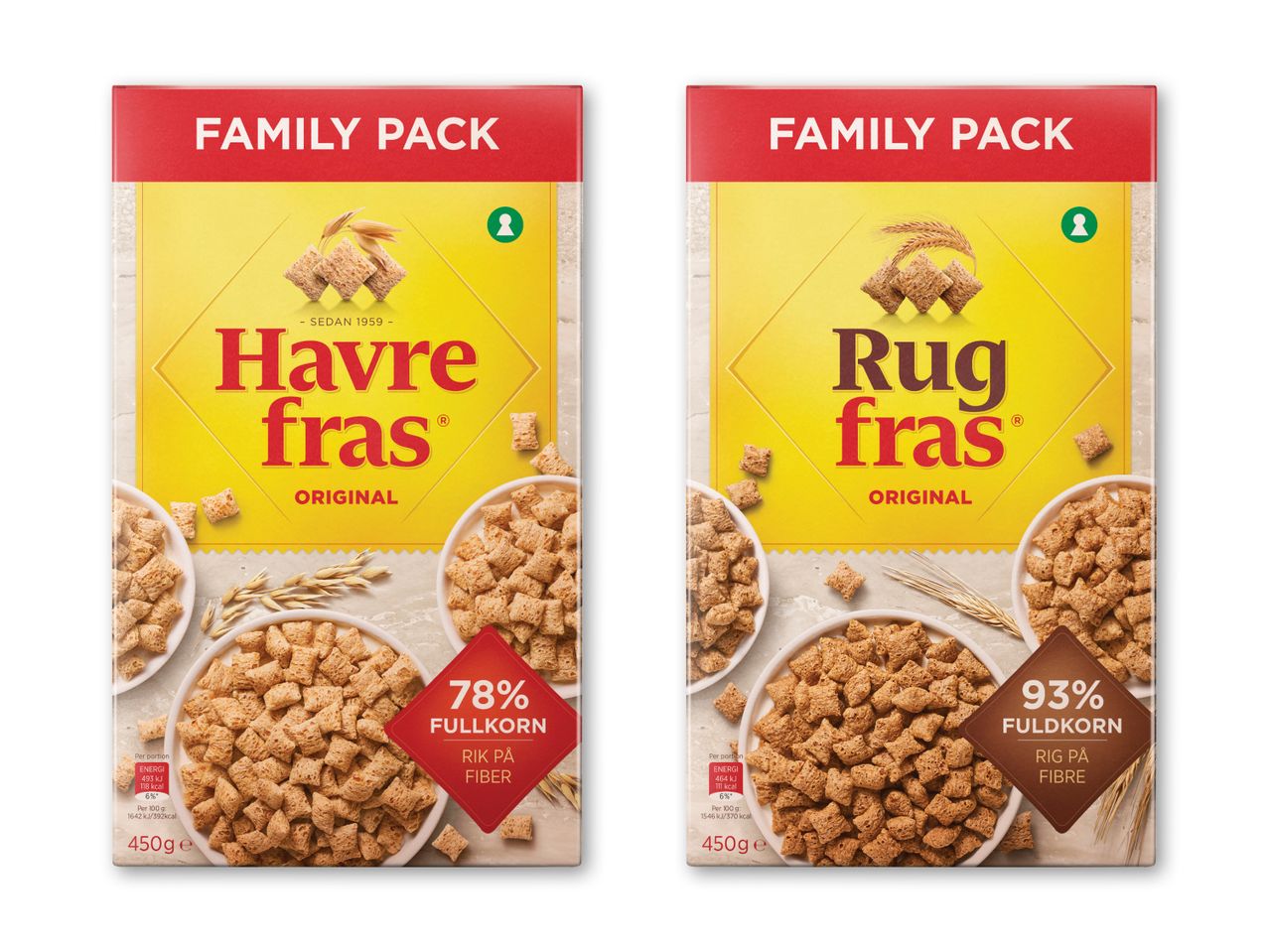 To familiestørrelser af Havrefras og Rugfras morgenmadsprodukter.
