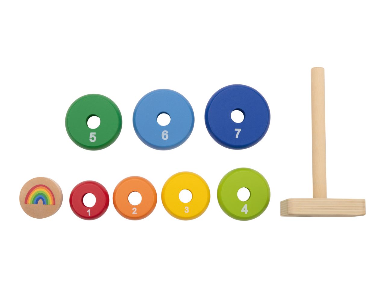 Wooden stacking toy with numbered rings and a rainbow disc.