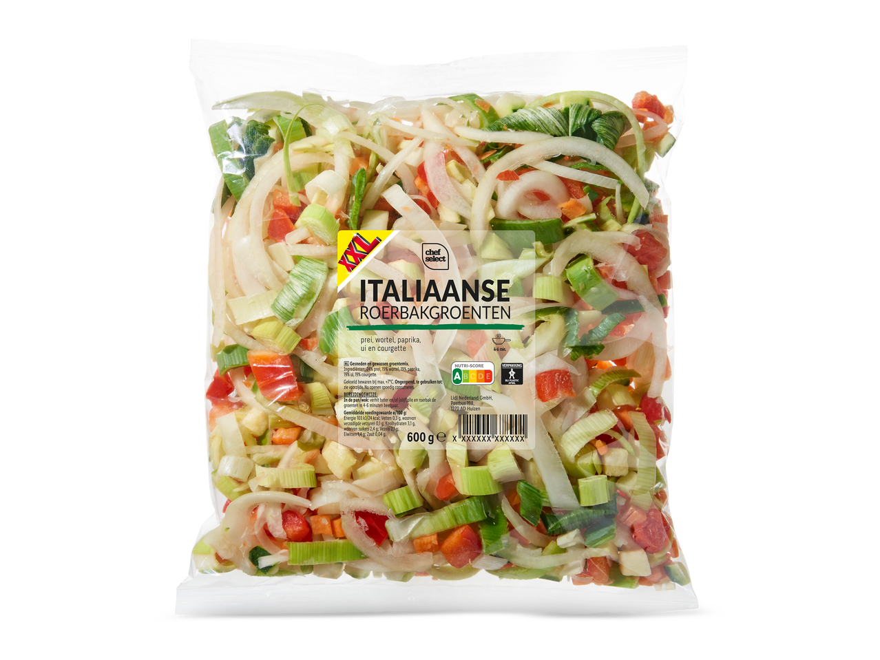 Zak Italiaanse roerbakgroenten met prei, wortel, paprika, ui en courgette, 600g.