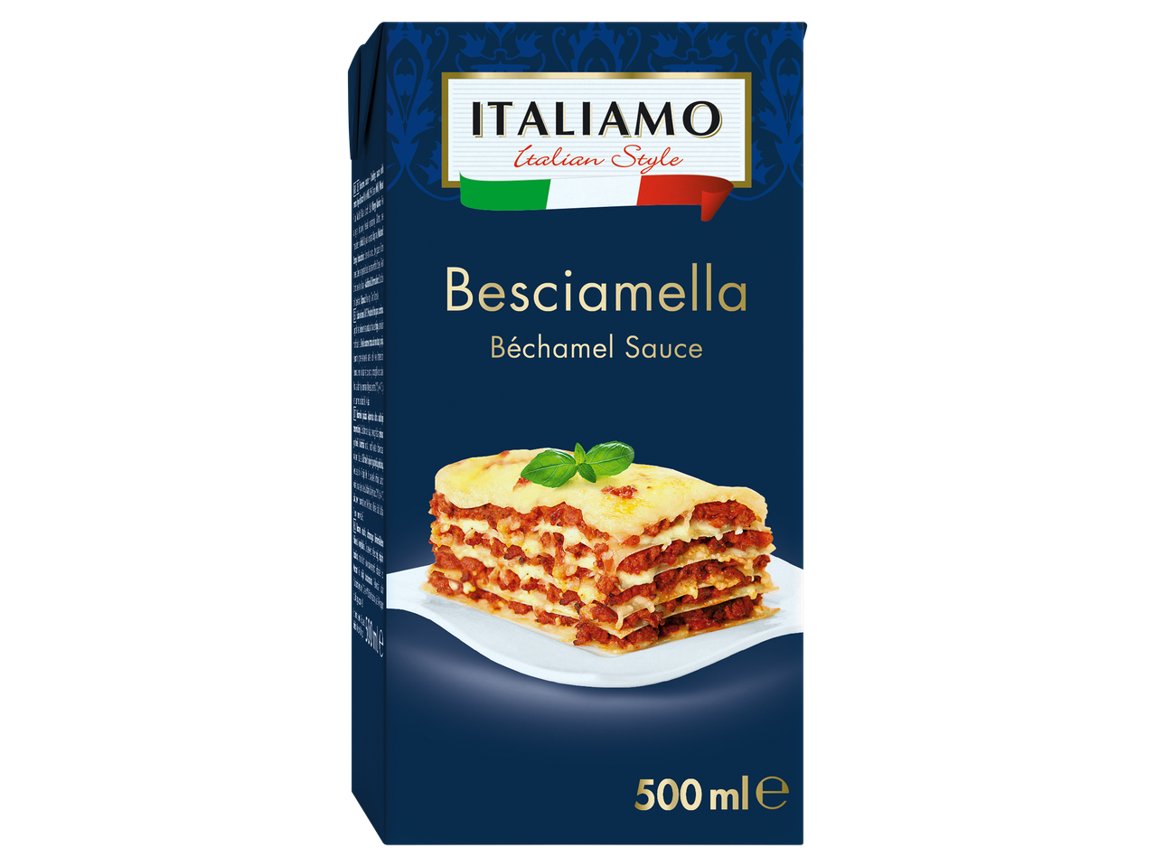500 ml-es dobozos besamel mártás lasagne képével a csomagoláson.