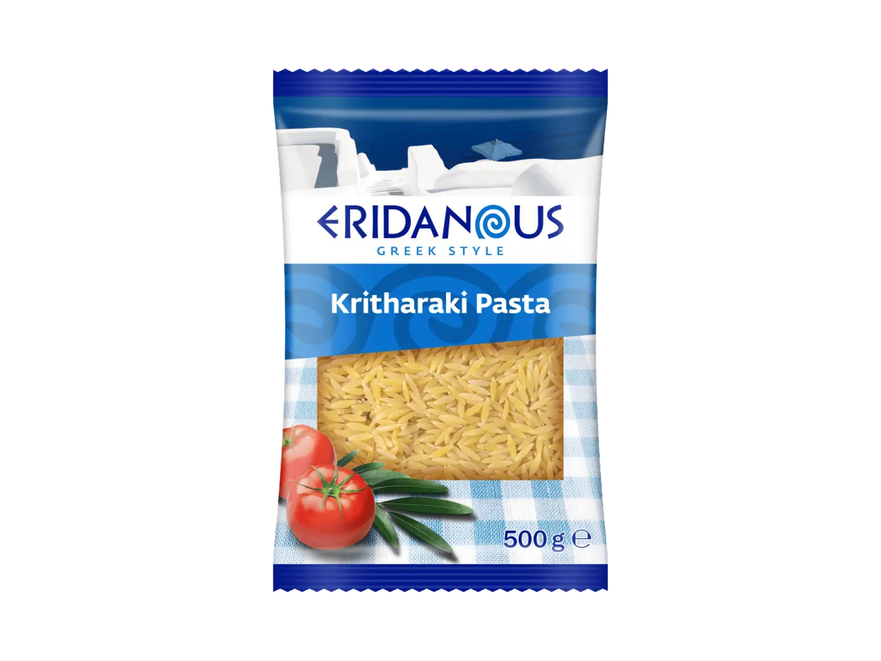 Pakovanje grčke testenine kritharaki sa paradajzom i maslinovim lišćem.