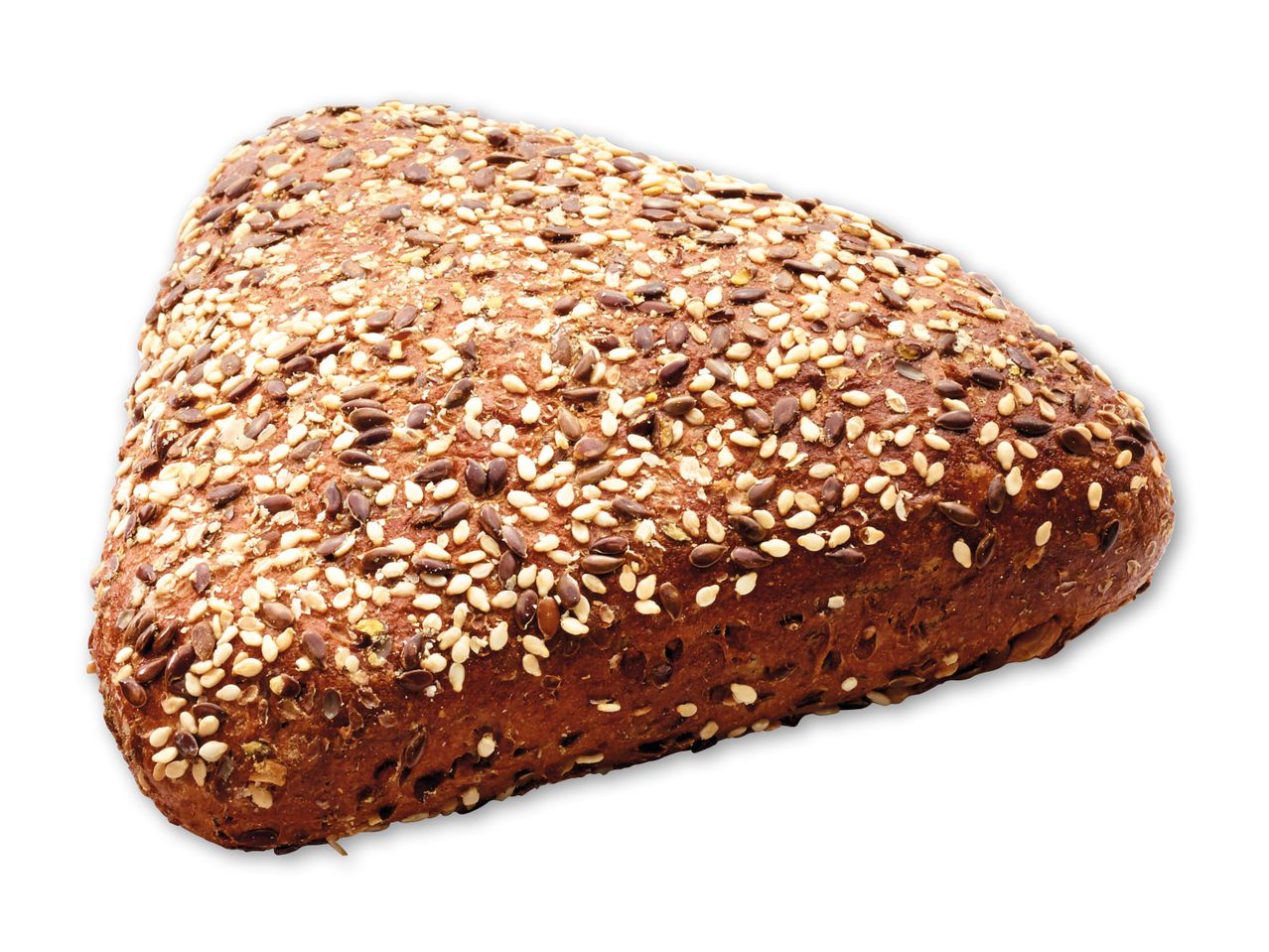 En trekantet kernebrød med forskellige frø.