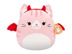 Pink Squishmallows cat plush with red devil horns and bat wings, named Laura.