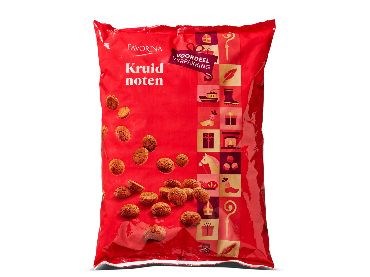 Rode zak kruidnoten met Sinterklaas-gerelateerde illustraties en de tekst 'VOORDEEL VERPAKKING'.