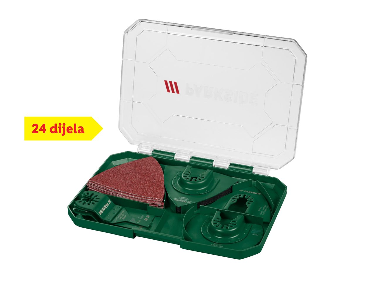Set alata za oscilirajuće višenamjenske alate s 24 dijela, uključujući brusne papire i oštrice.