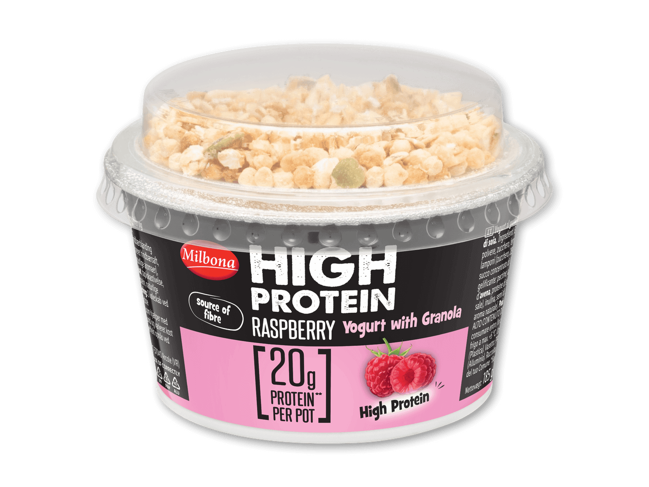 Højprotein hindbæryoghurt med granola i en klar plastbæger.
