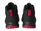 Rear view of black and red mid-cut hiking shoes with pull tabs