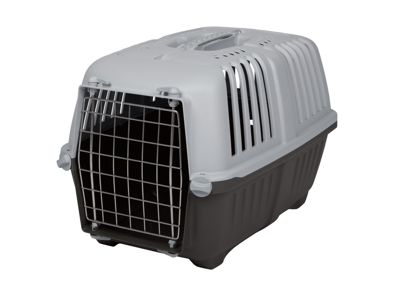 Grey and dark grey plastic pet carrier with a metal grid door