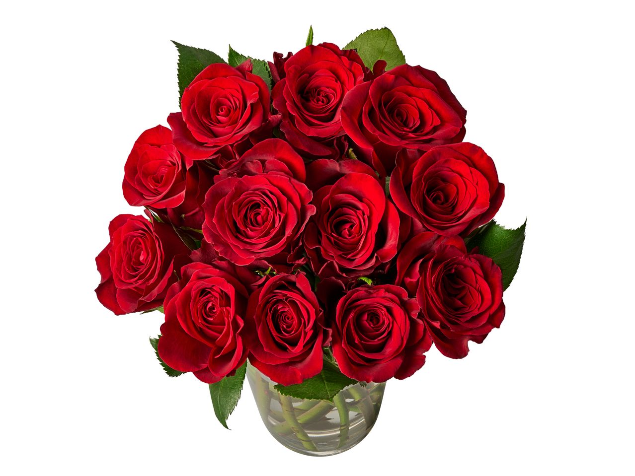 A vibrant bouquet of red roses in a clear glass vase, viewed from above.