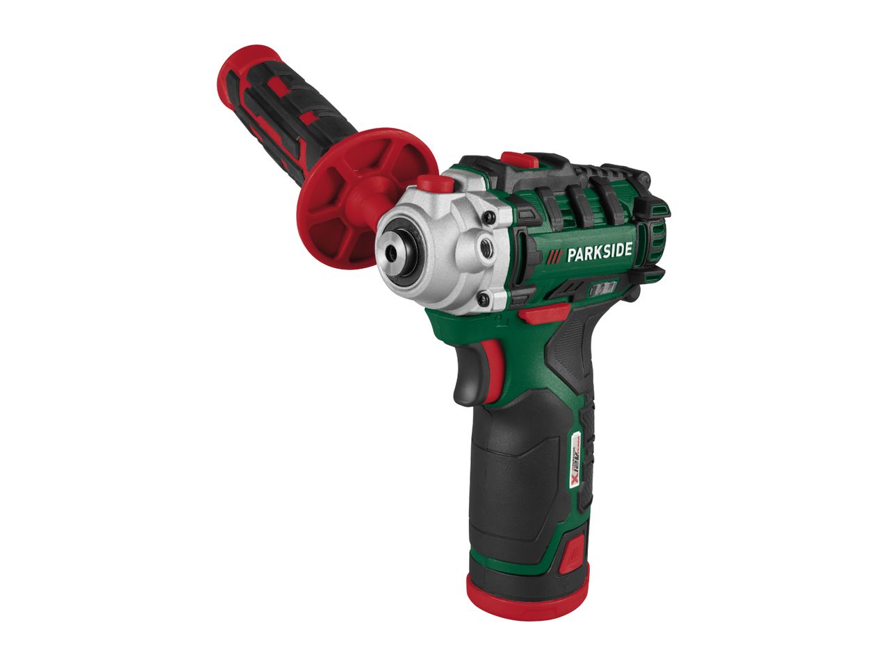 Cordless impact driver with a red and black handle attachment