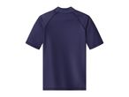 Dark blue short-sleeved rash guard with a high neck and visible stitching.