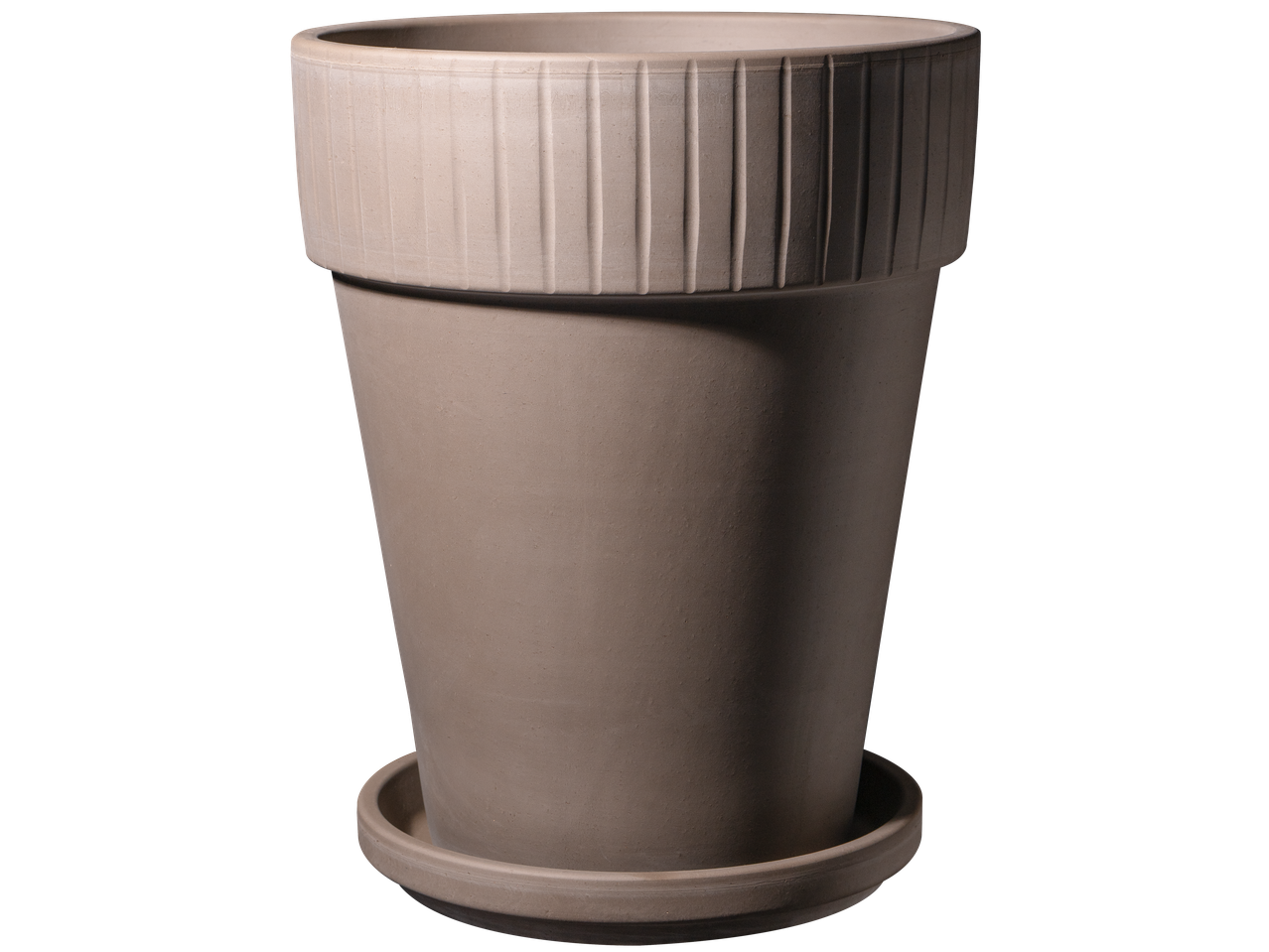 Beige keramische buitenpot met geribbelde rand en schotel