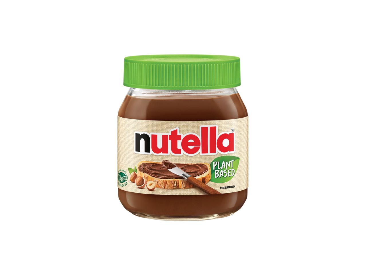 Tegla Nutella Plant Based namaza sa zelenim poklopcem i tostom sa namazom.