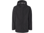 A black waterproof jacket with a hood and pockets.