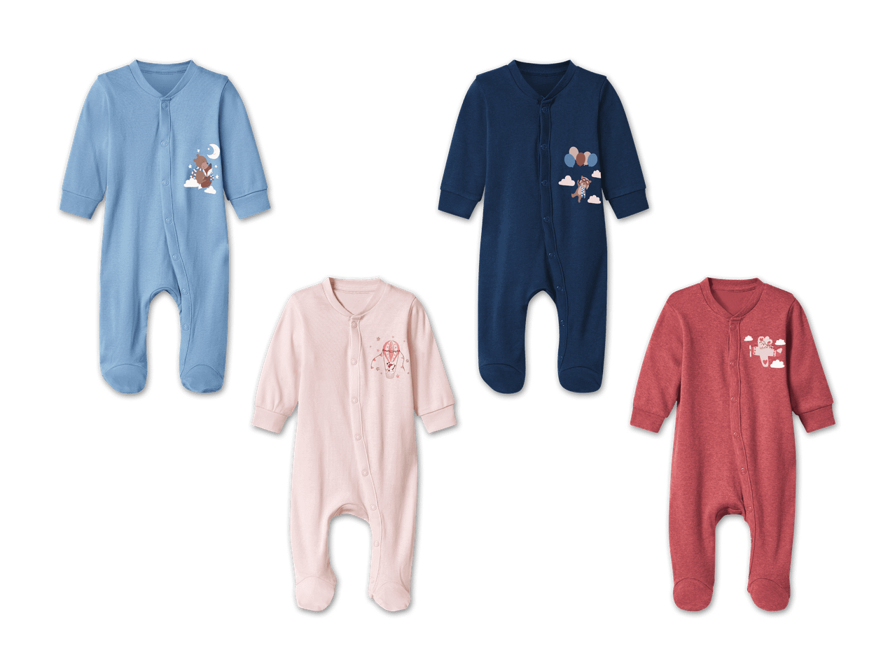 Vier Baby-Strampler in Blau, Dunkelblau, Rosa und Rot mit Tiermotiven.