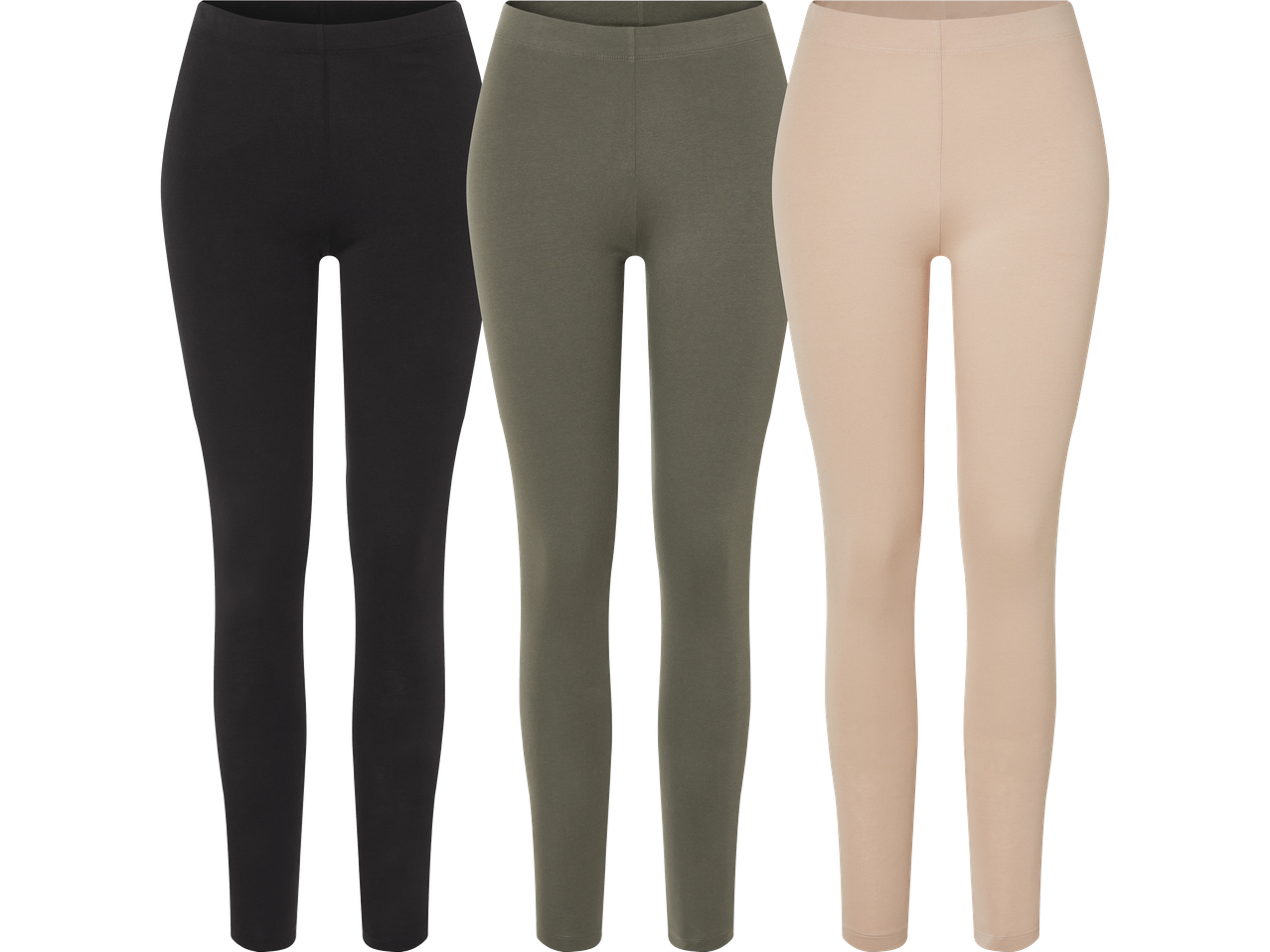 Tre par leggings i svart, olivgrön och beige.