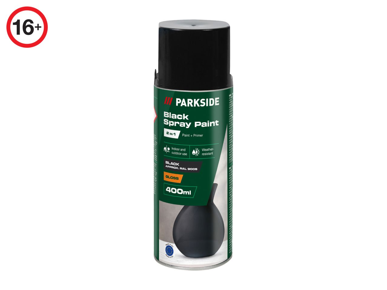 Parkside black spray paint can with a 16+ age restriction label.