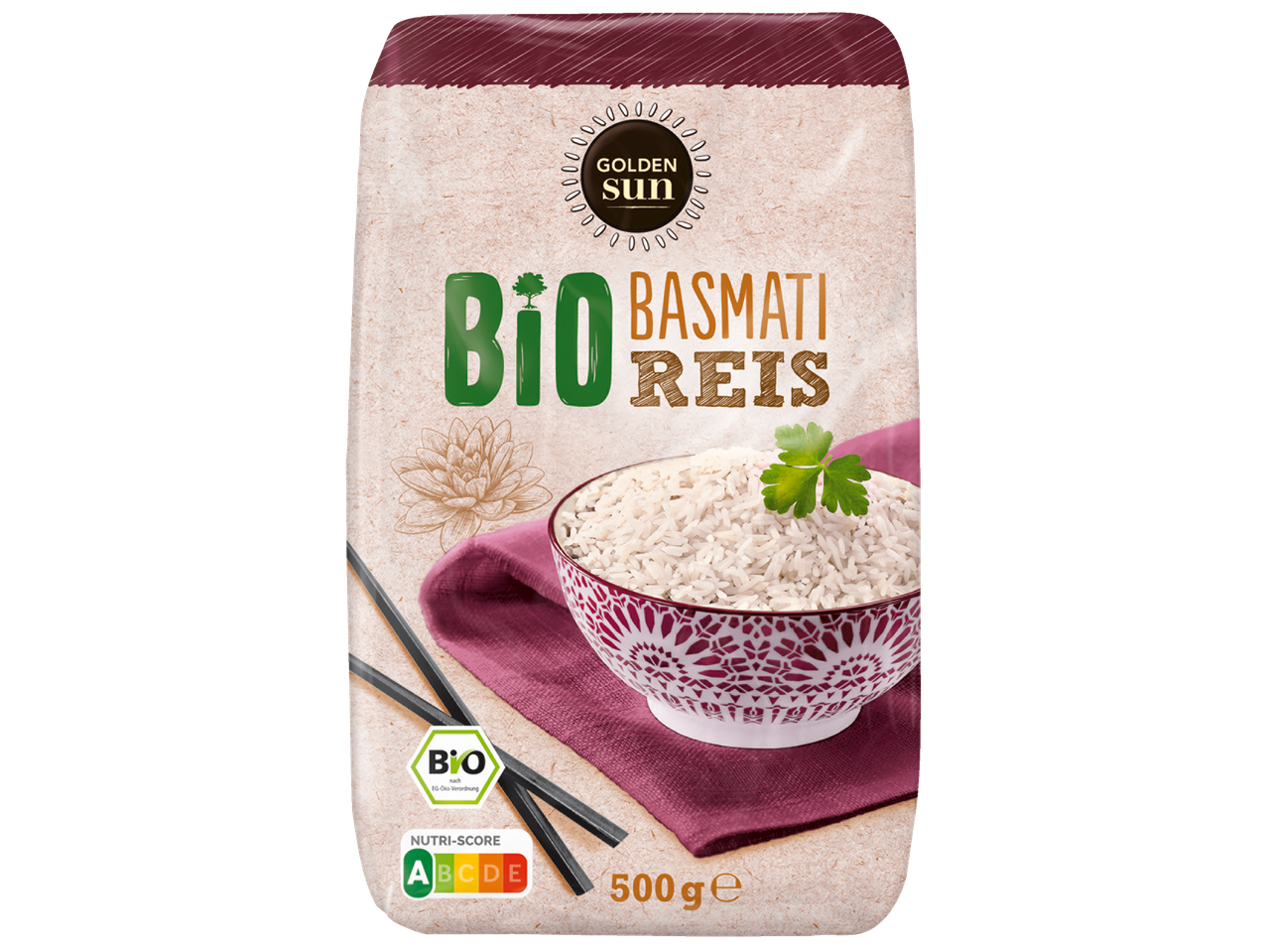 Golden Sun Bio Basmati Reis, 500g Packung.
