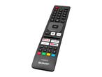 Black TV remote control with various buttons, including streaming service shortcuts.