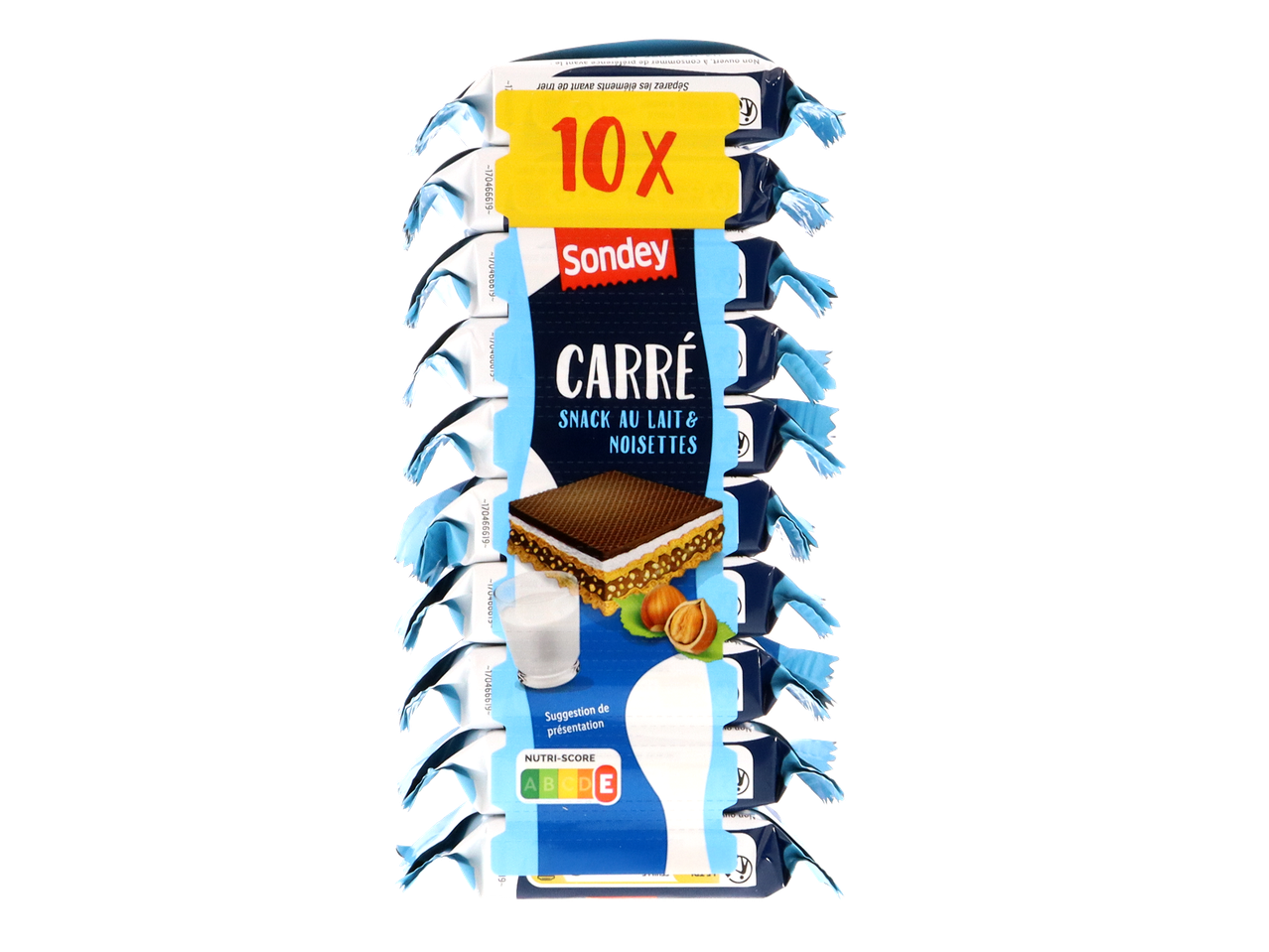 Pile de dix gaufrettes au lait et aux noisettes, avec Nutri-Score A.