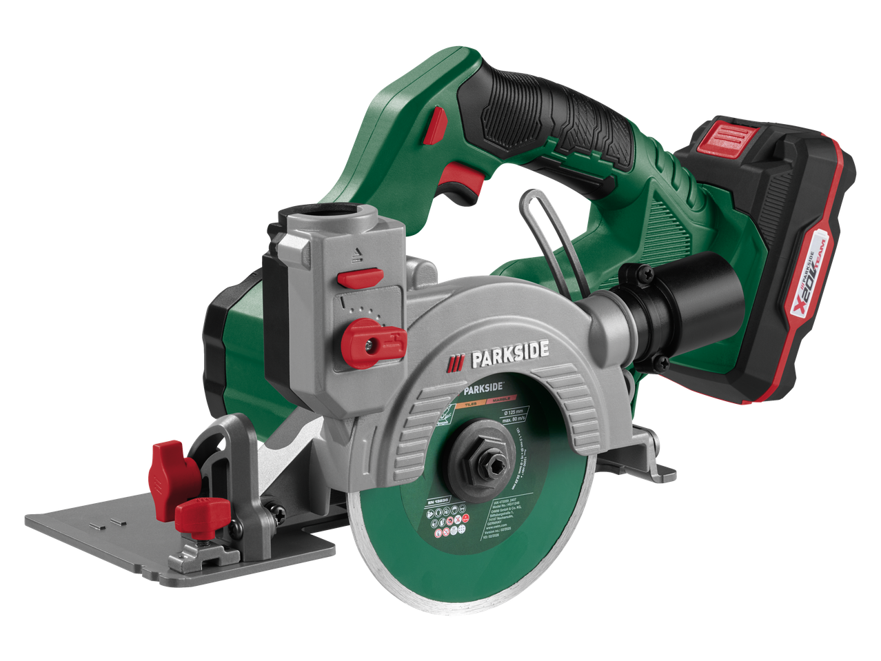 Parkside 20 V akuga plaadilõikur koos akuga, 125 mm lõikeketas.