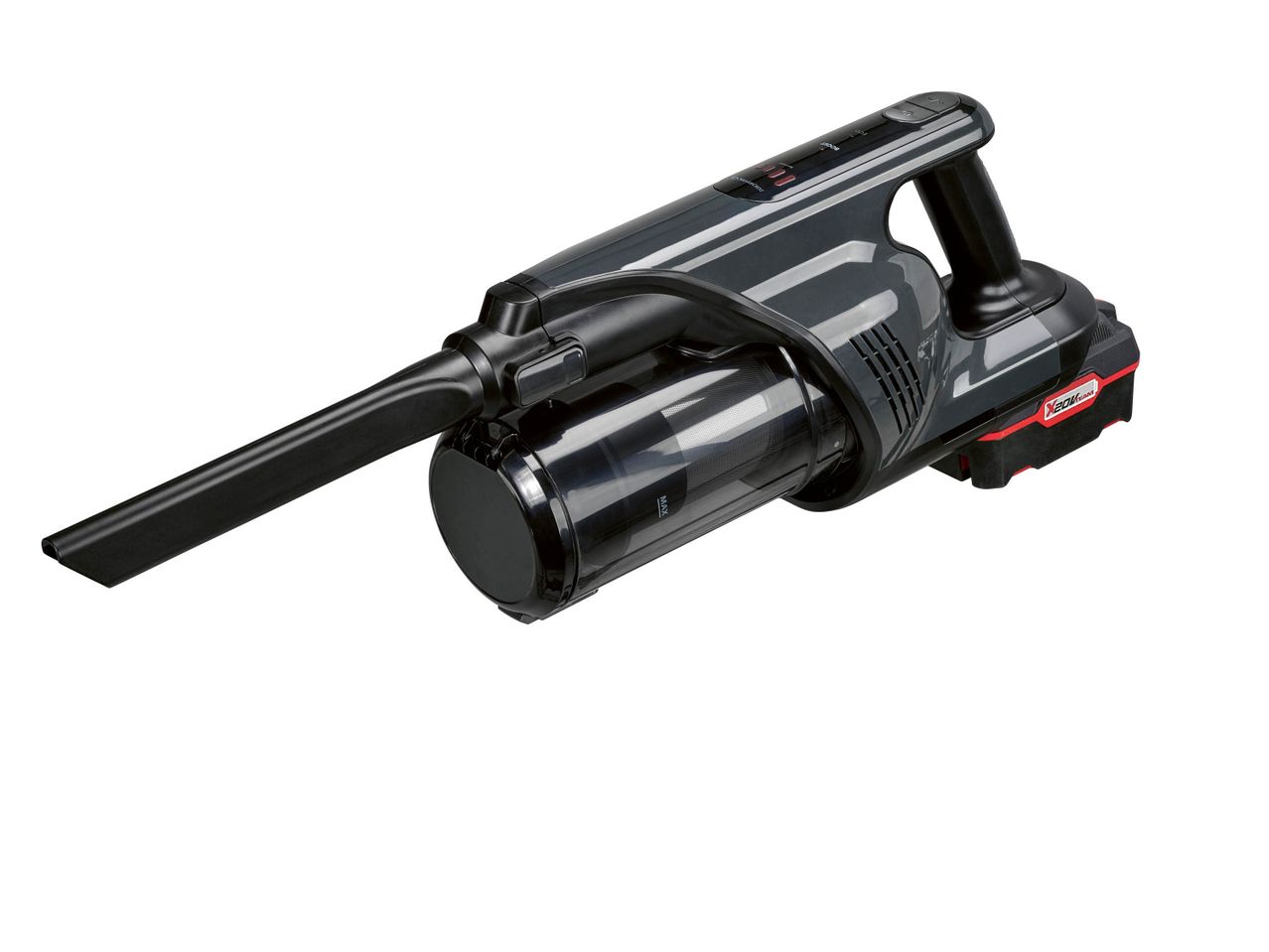 A dark gray and black handheld vacuum cleaner with a clear dustbin and a red battery pack.