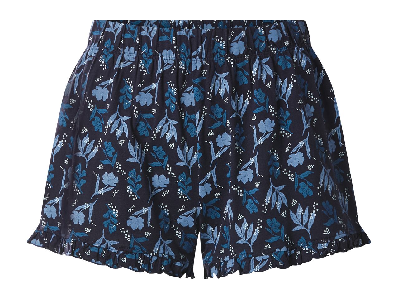 Dark blue women's shorts with a light blue floral pattern and ruffled hem.