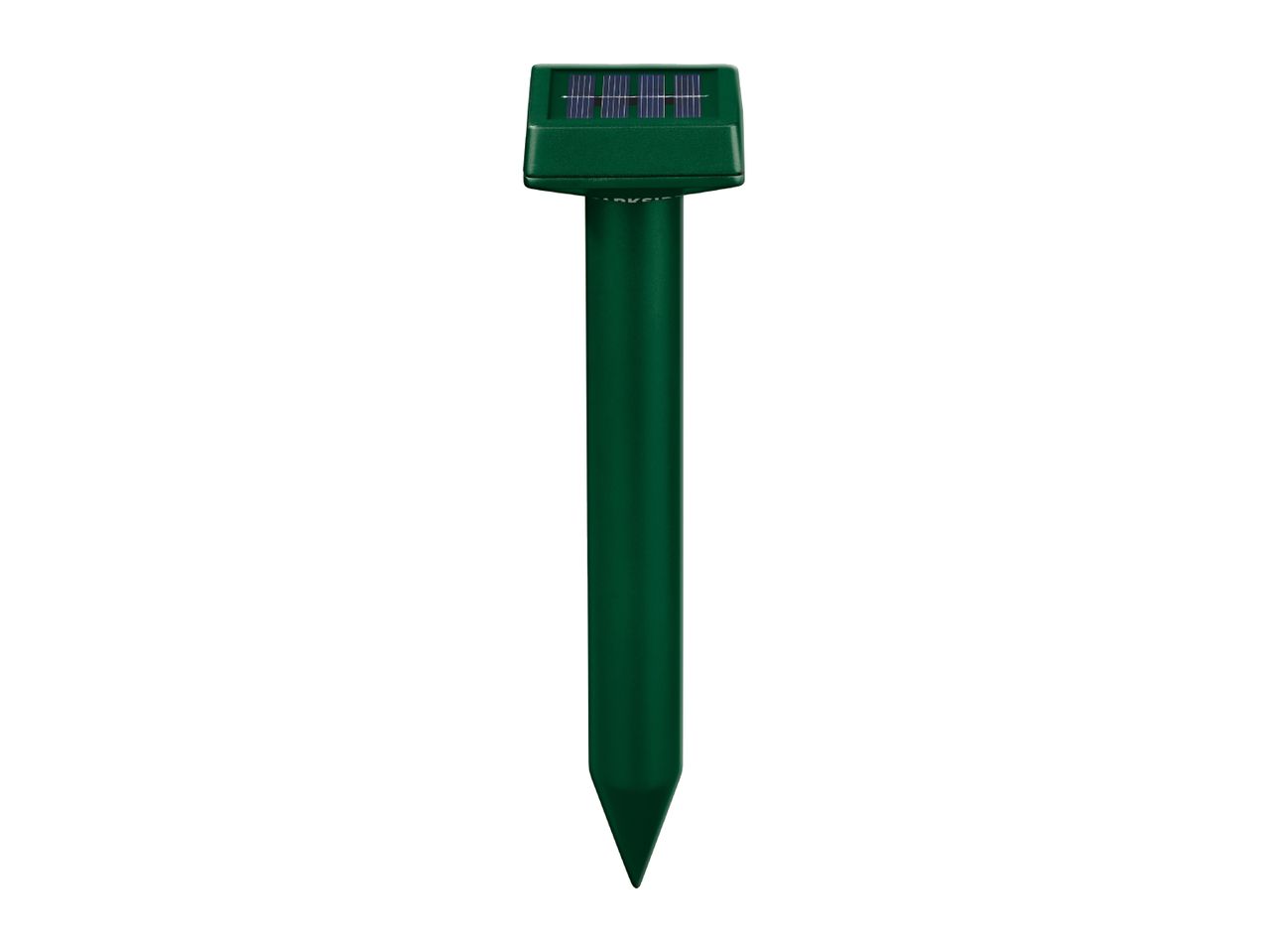 A green solar-powered pest repeller with a pointed stake for ground insertion.