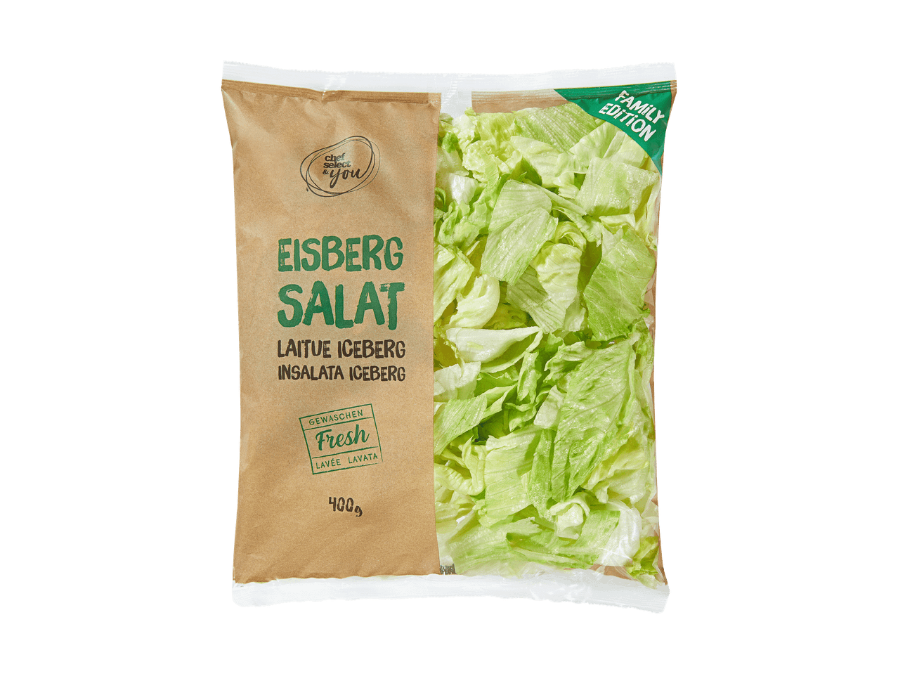 Packung geschnittener Eisbergsalat, frisch und gewaschen, Familienedition 400g.