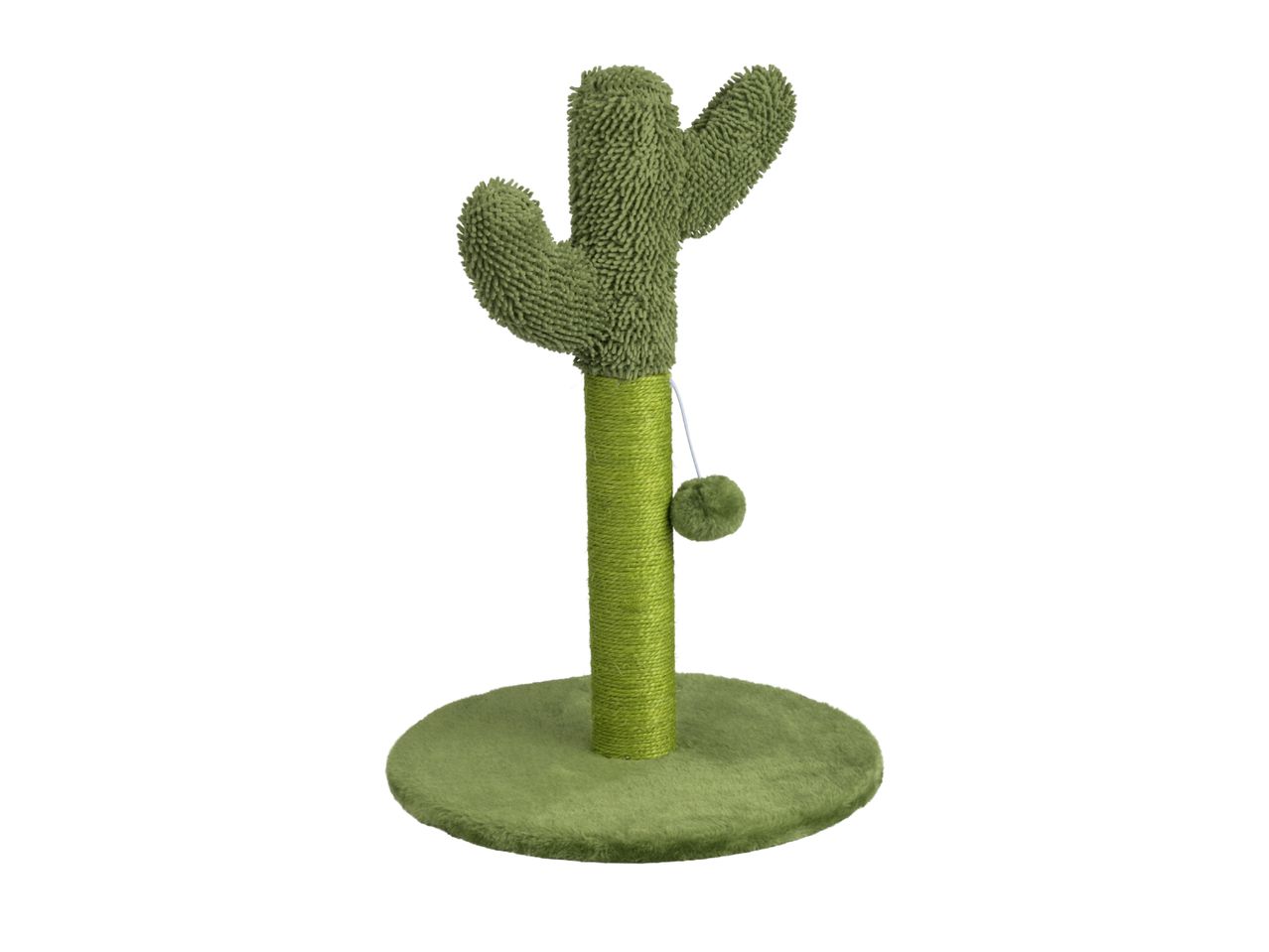 Green cactus-shaped cat scratching post with a dangling pom-pom toy.