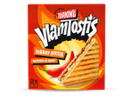 Verpakking van twee pittige tosti's met chilipeper op een vlammenachtergrond.