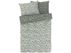 A floral duvet cover set with matching pillows in soft green and white tones.