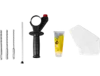 Hammer drill accessories: drill bits, depth stop, handle, grease, and cleaning cloth.