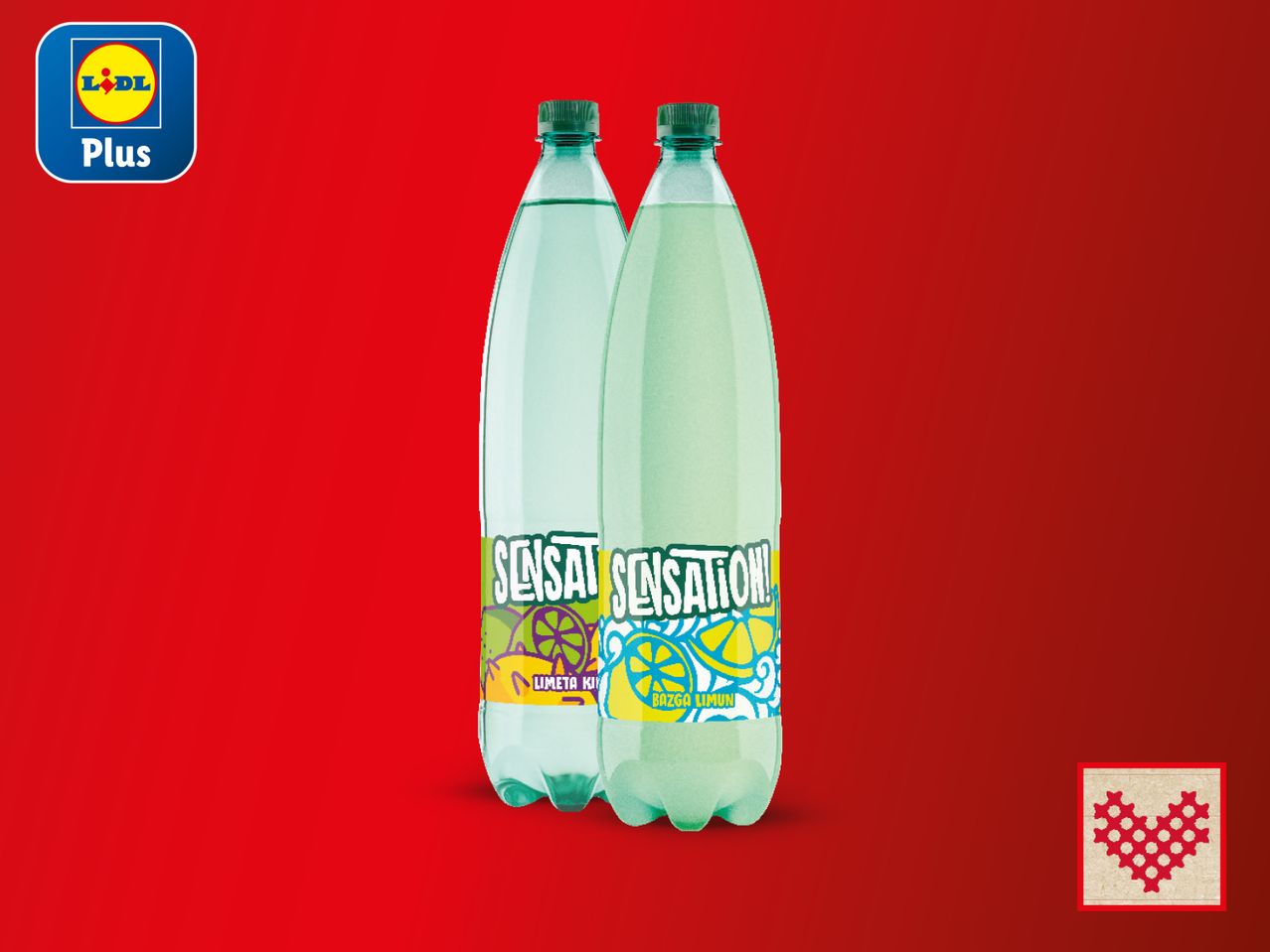 Dvije boce gaziranog soka Lidl Plus Sensation, okusa limete i limuna.